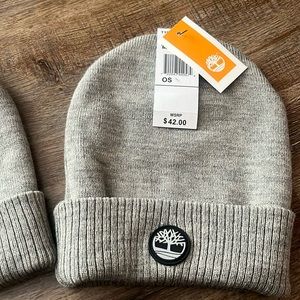 New Timberland Watch Cap Ribbed Knit Cuff Beanie Round Leather Patch Gray Hat